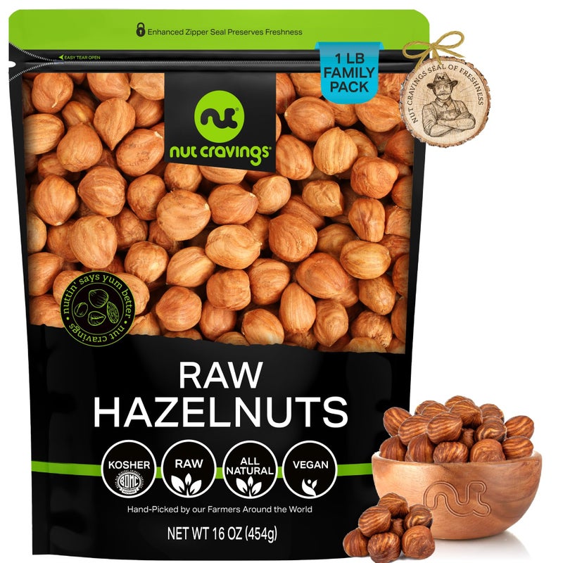 NUT CRAVINGS - Raw Hazelnuts Filberts with Skin - Unsalted, Shelled, (16oz - 1 LB) Bulk Nuts Packed Fresh in Resealable Bag - Kosher Healthy Snack, Food Assortments Ideal for Trail Mixed Nuts - Image 1